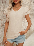 Eyelet V-Neck Ruffled Cap Sleeve Top