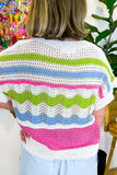 Color Block Crochet Ruffled Short Sleeve Knit Top - felvior