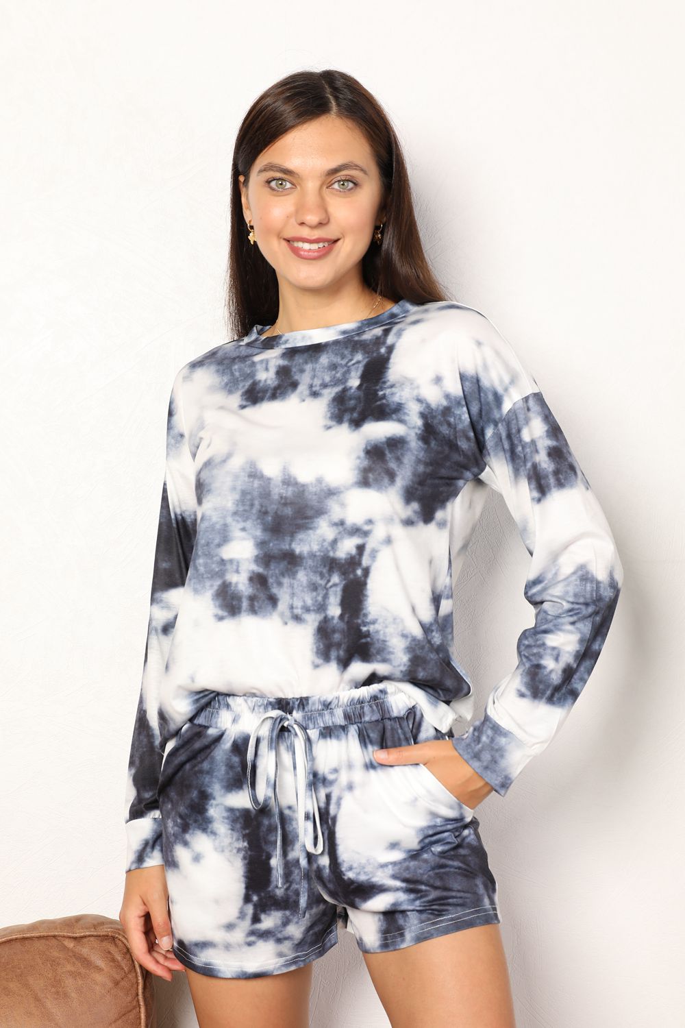 Shiny Tie-Dye Round Neck Top and Shorts Lounge Set - felvior