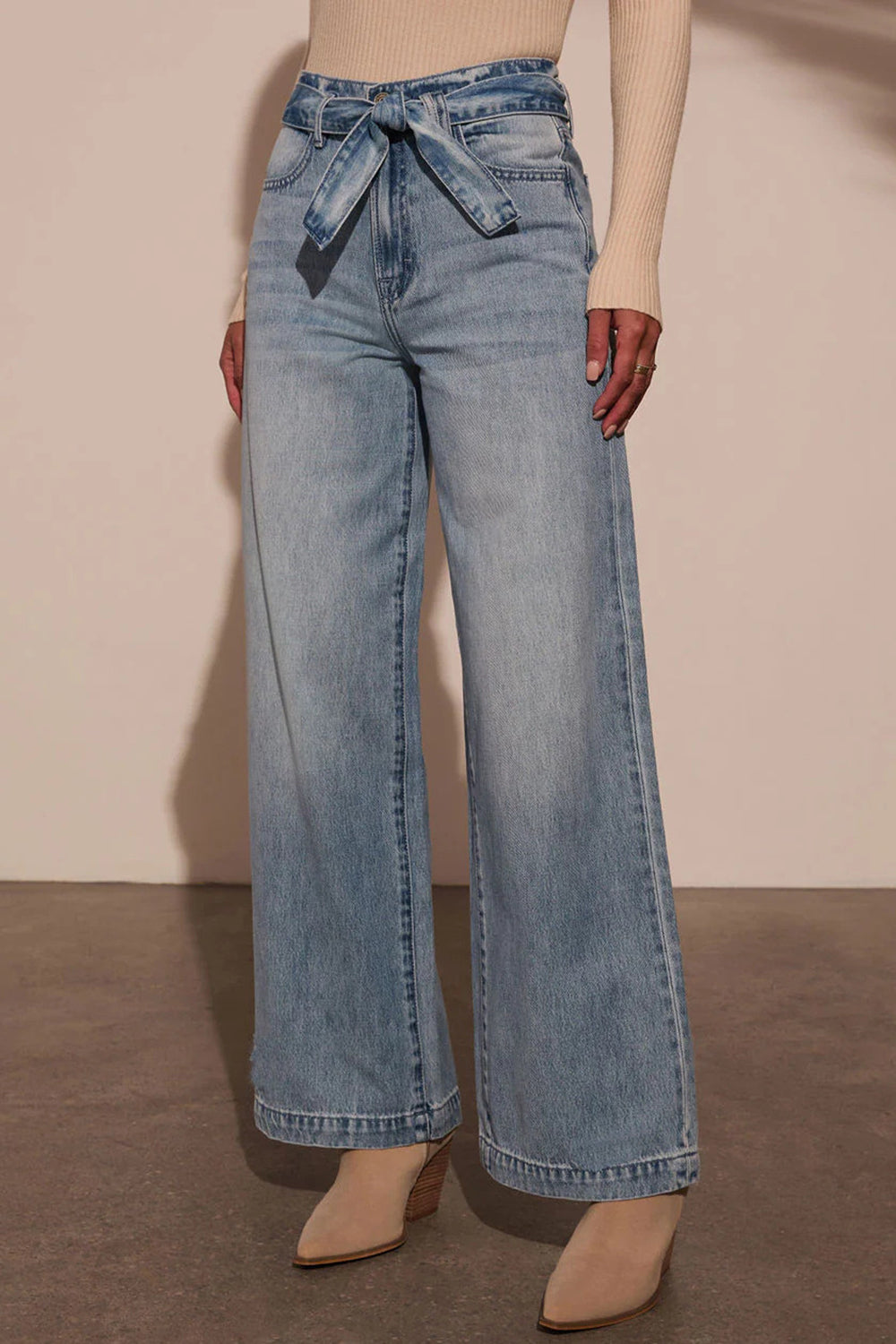 Tied Wide Leg Jeans with Pockets - felvior