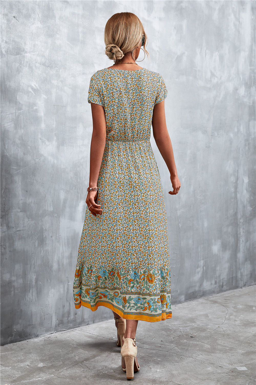V-Neck Short Sleeve Printed Maxi Dress - felvior