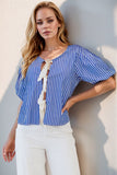 Stripe Tied Front Puff Short Sleeve Top - felvior