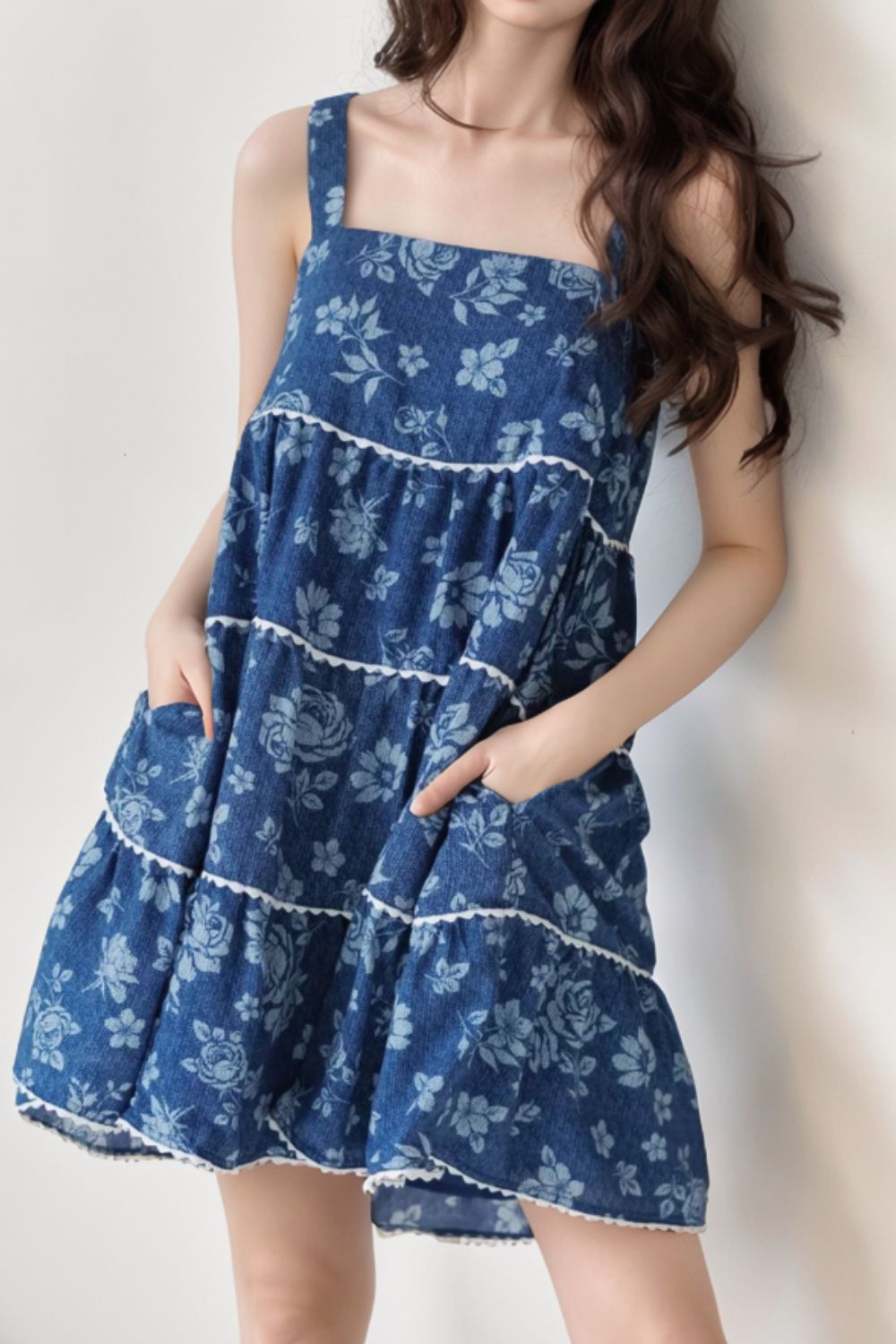 Floral Tiered Square Neck Denim Dress