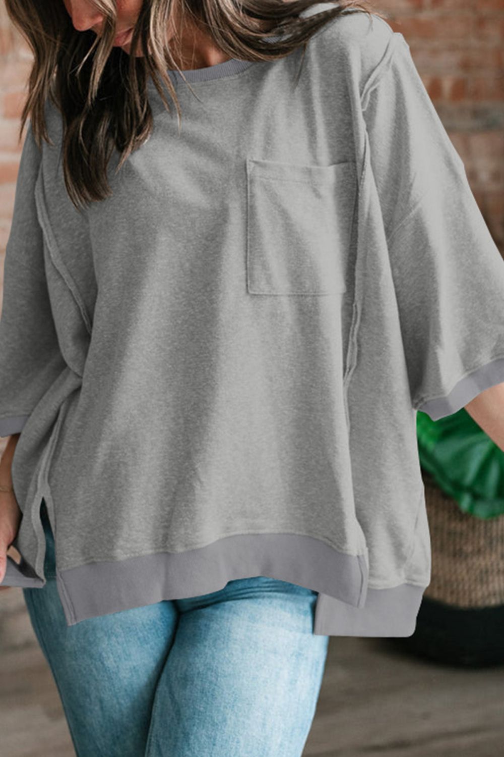 Exposed Seam Side Slit Round Neck Top - felvior