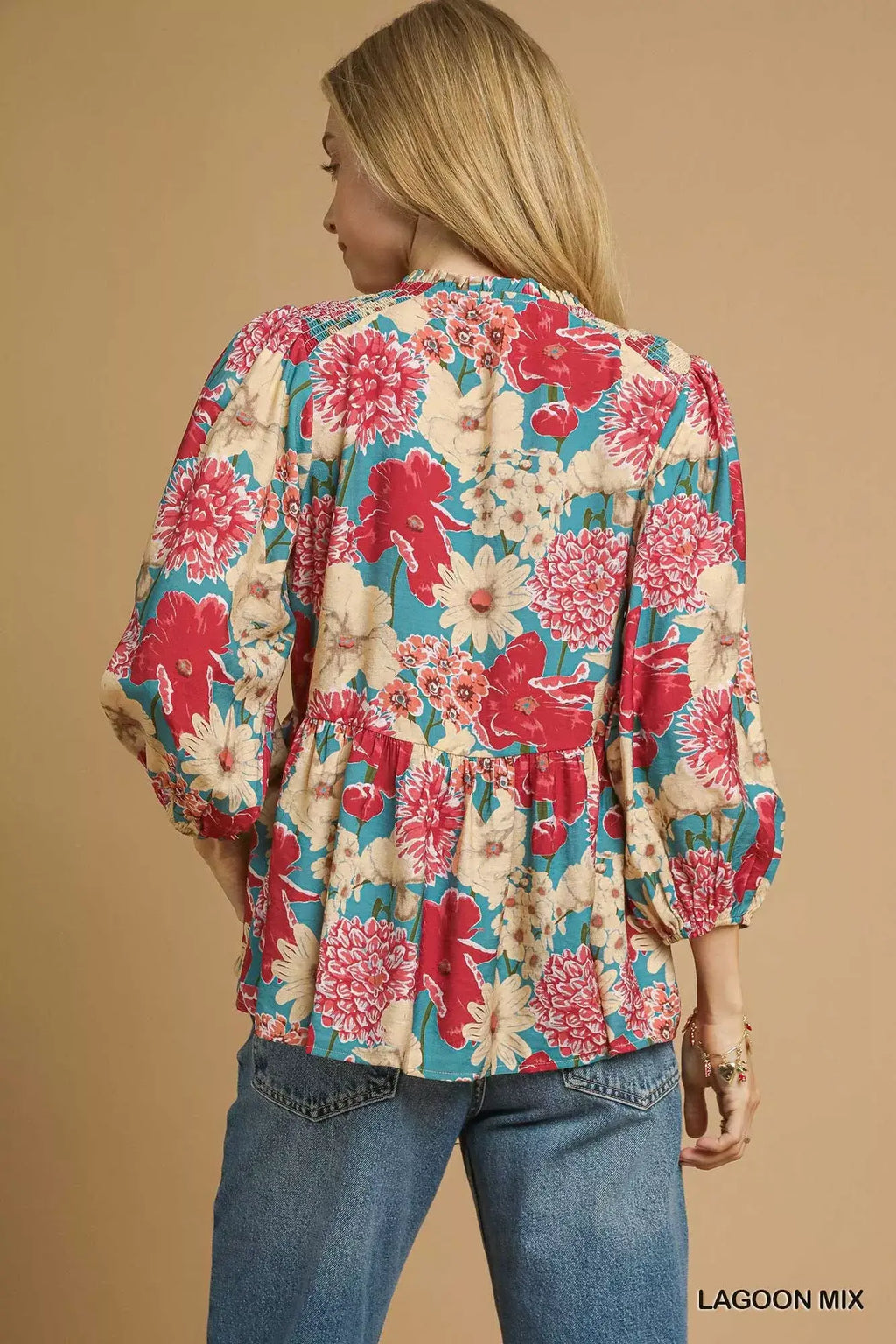 Umgee Mix Floral Peplum Blouse with Tie Neck