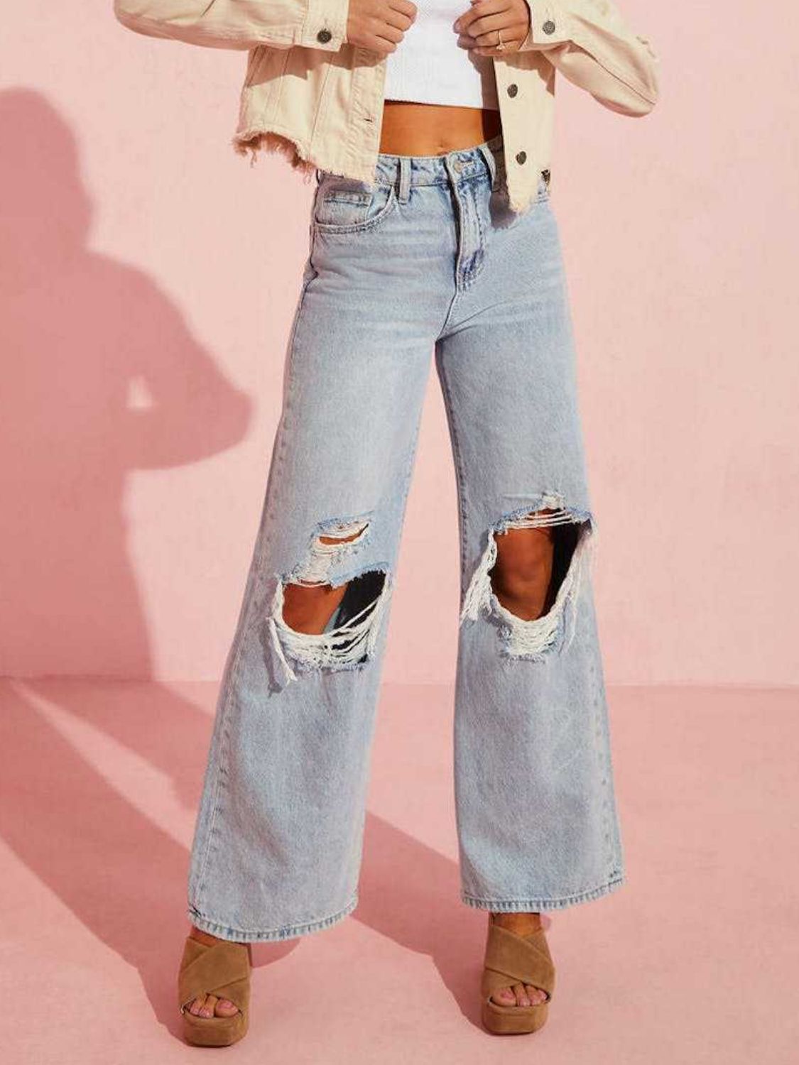 Distressed Wide Leg Jeans with Pockets - felvior