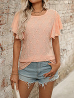 Eyelet Round Neck Flutter Sleeve Top