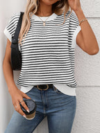 Striped Round Neck Short Sleeve Knit Top