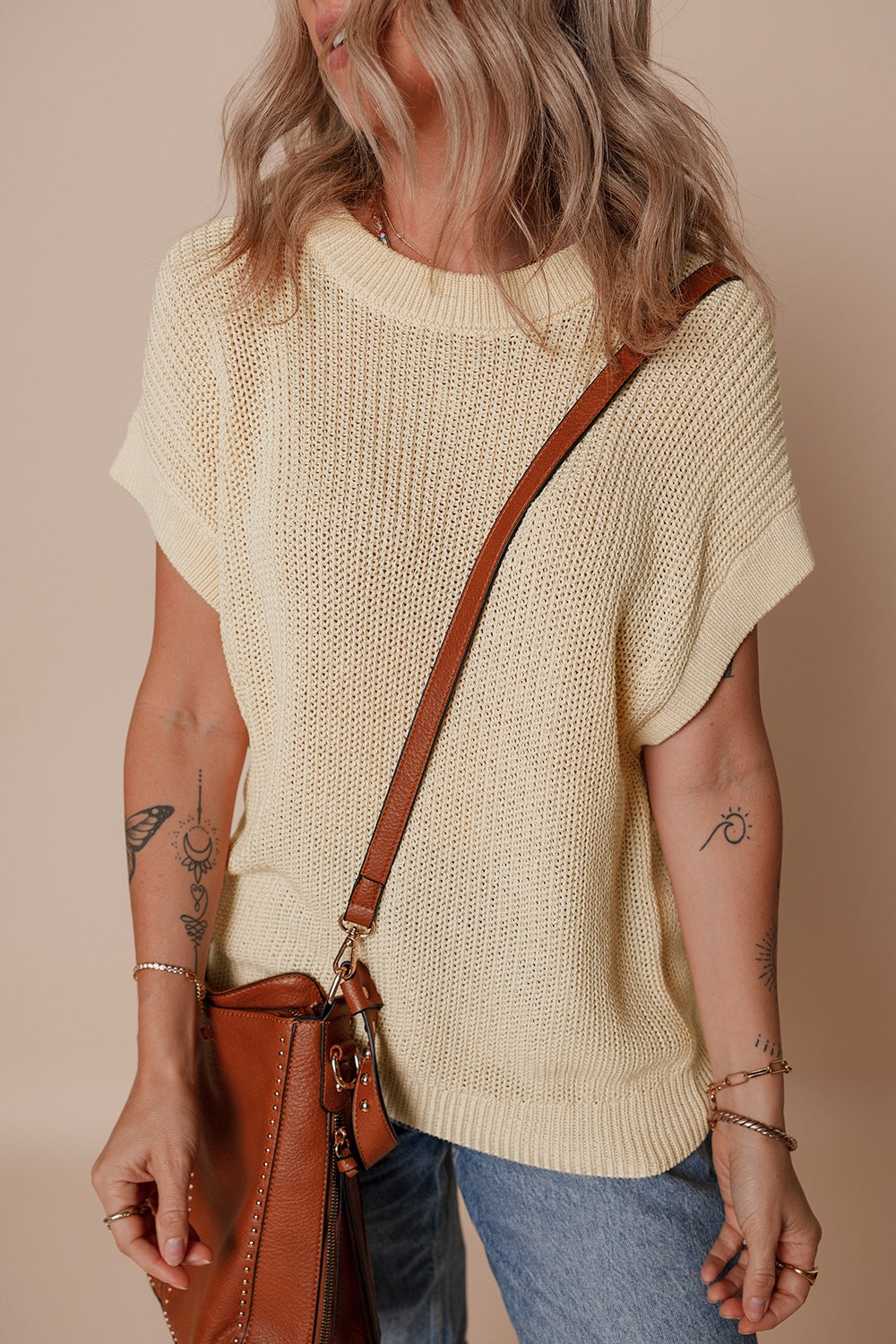 Round Neck Short Sleeve Knit Top - felvior