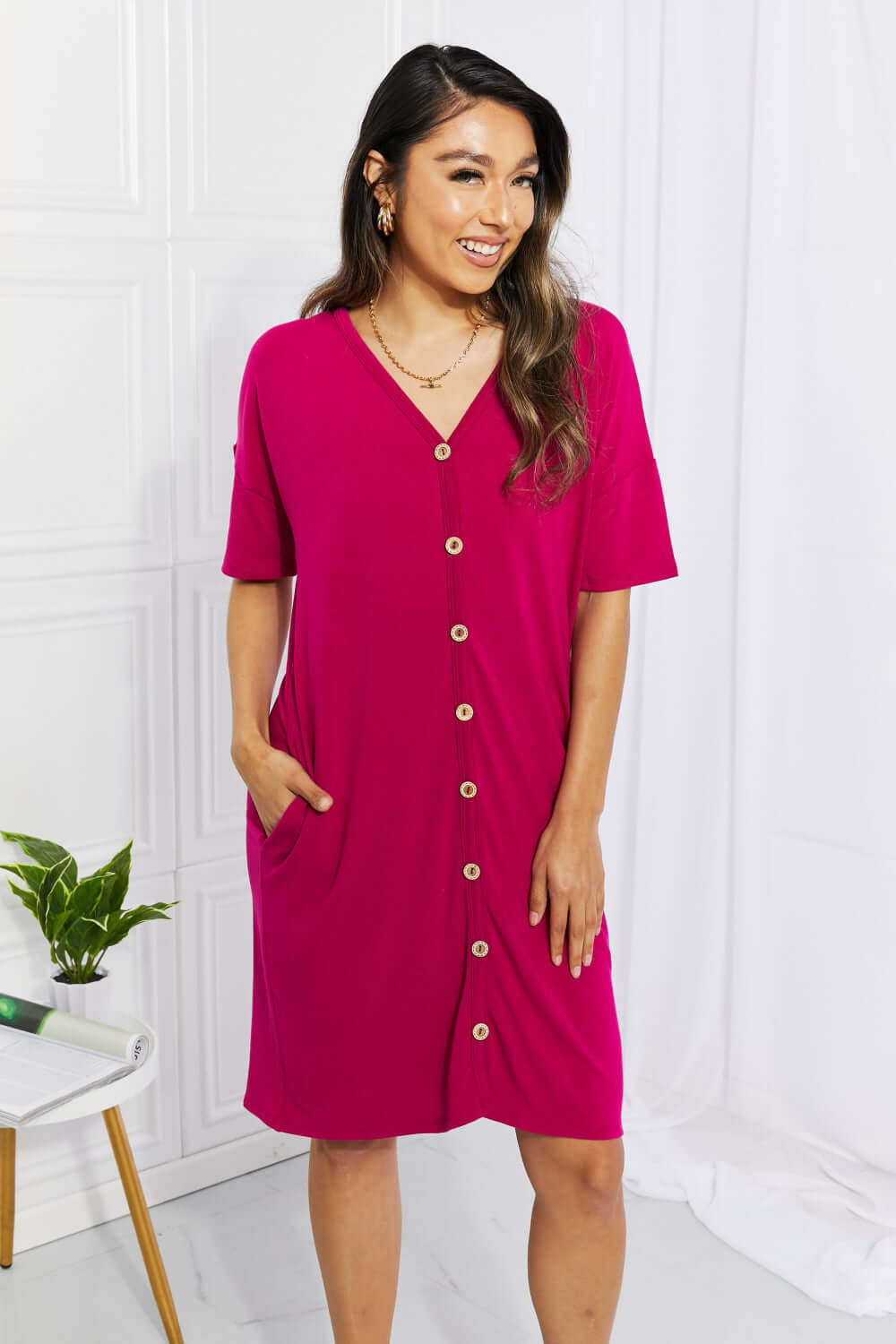 BOMBOM Sunday Brunch Button Down Knee-Length Dress in Magenta Hauptbild