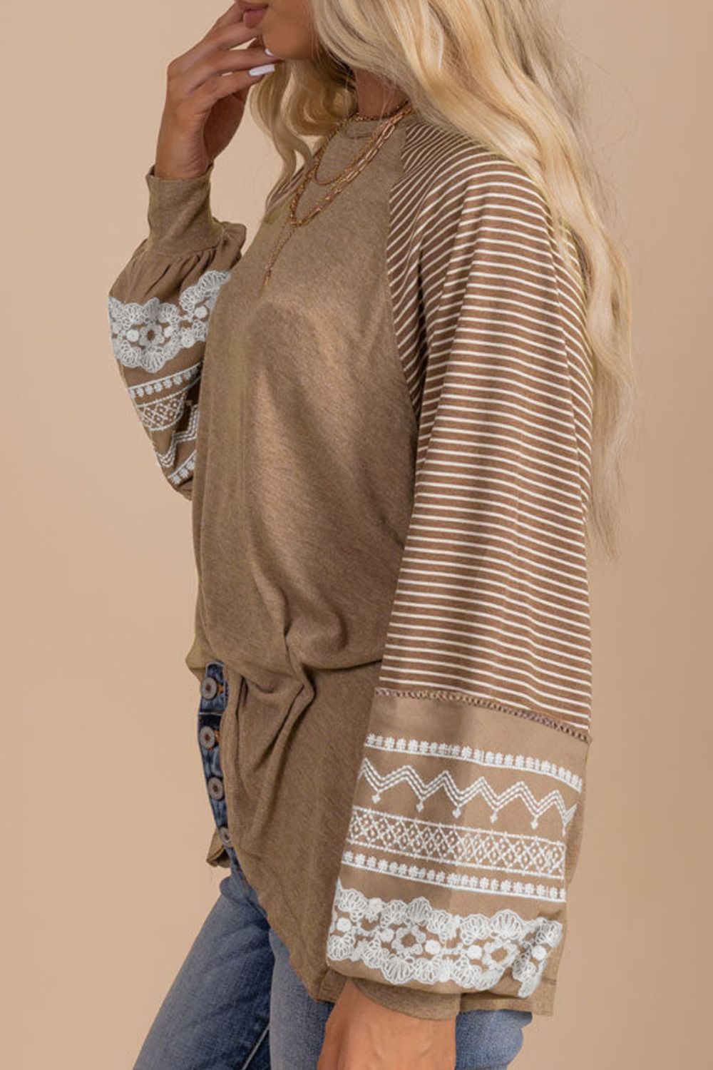 Striped Round Neck Long Sleeve Blouse - felvior