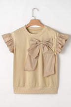 Bow Ruffled Round Neck Cap Sleeve Blouse