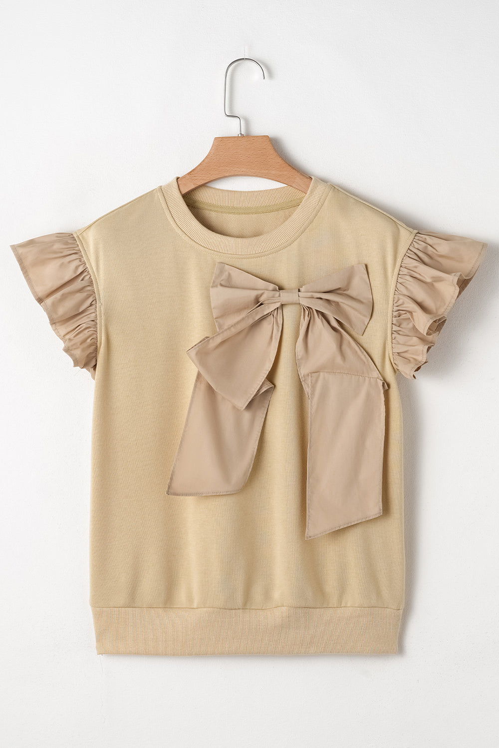 Bow Ruffled Round Neck Cap Sleeve Blouse