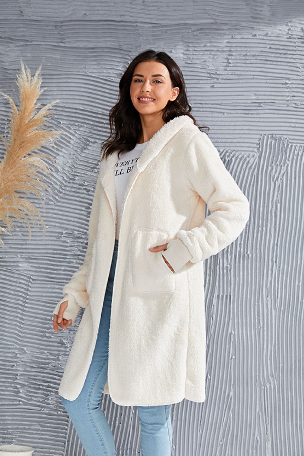 Double Take Full Size Hooded Teddy Bear Jacket with Thumbholes - felvior