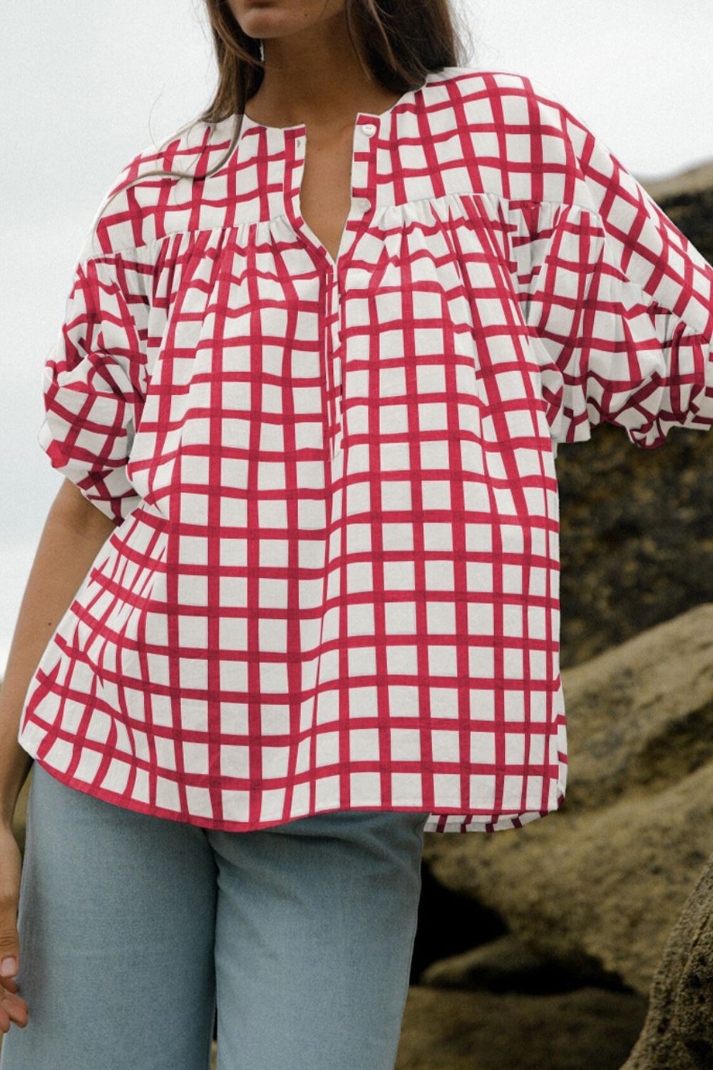 Plaid Button Detail Half Sleeve Blouse - felvior