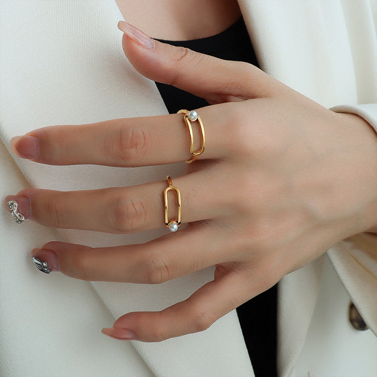 Synthetic Pearl Titanium Steel Ring - felvior