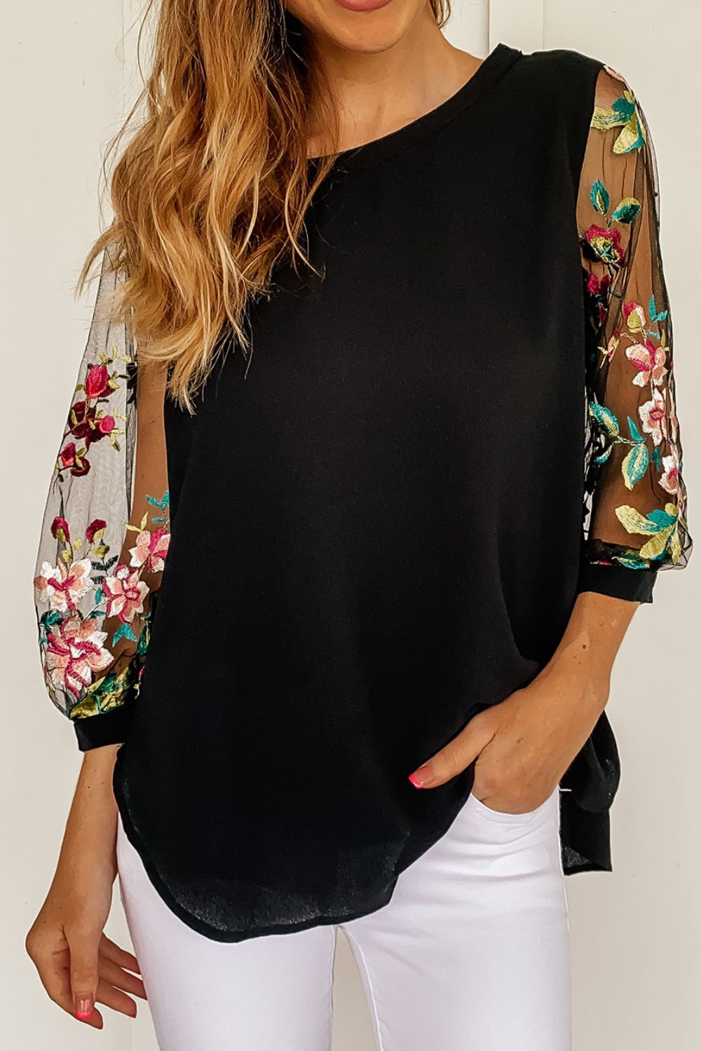Floral Embroidered Sleeve Round Neck Blouse - felvior