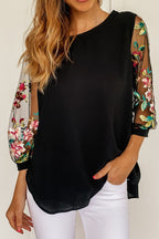 Floral Embroidered Sleeve Round Neck Blouse