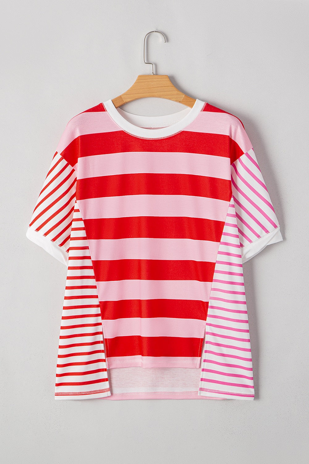 Stripe Side Slit Round Neck T-Shirt