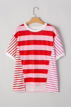 Stripe Side Slit Round Neck T-Shirt