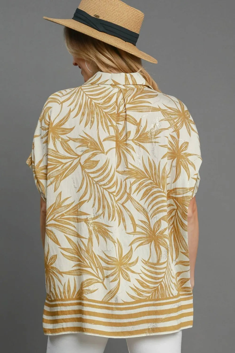Umgee Full Size Tropical Print Button Down Shirt Plus Size