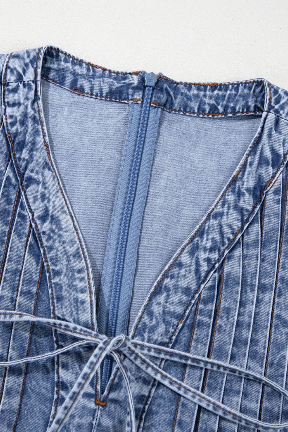 Tie V Neck Tucking Detail Short Sleeve Denim Dress