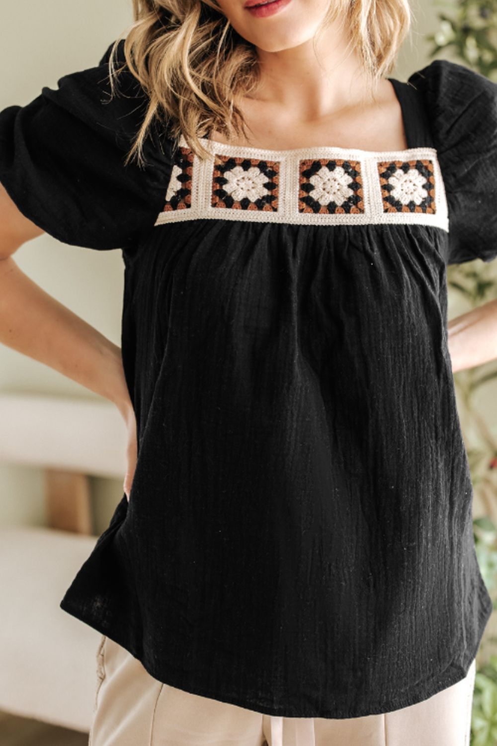 Flower Crochet Square Neck Puff Sleeve Blouse - felvior