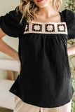 Flower Crochet Square Neck Puff Sleeve Blouse - felvior