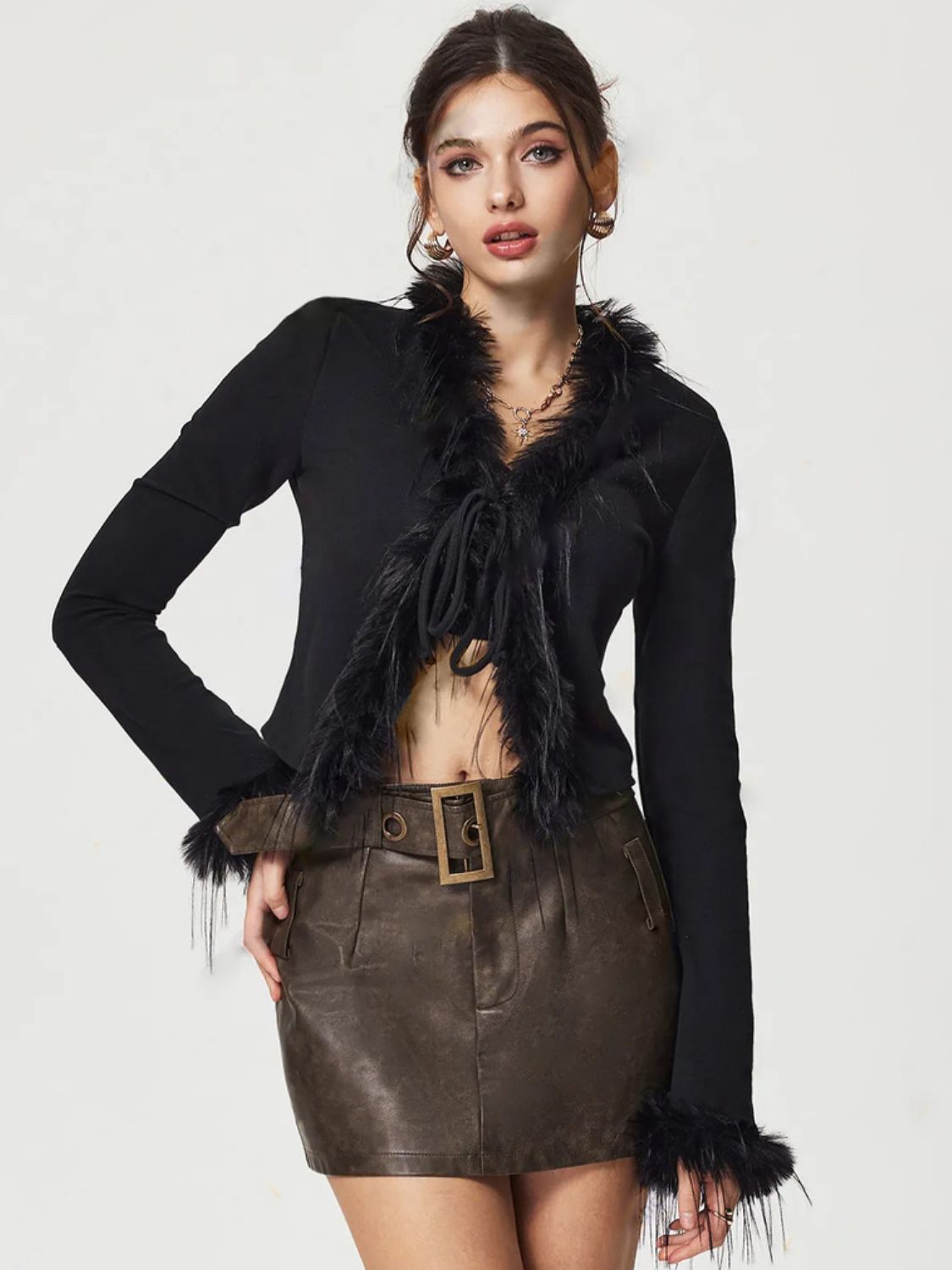 Tied Fuzzy Trim Long Sleeve Knit Cardigan - felvior
