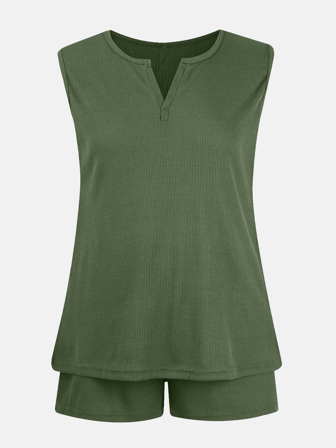 Full Size Waffle-Knit Notched Top and Shorts Set - felvior