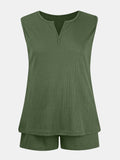 Full Size Waffle-Knit Notched Top and Shorts Set - felvior