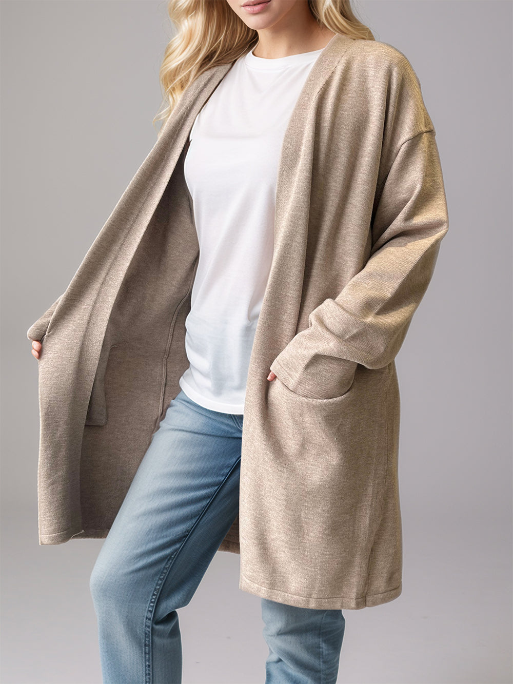 Open Front Long Sleeve Cardigan with Pockets - felvior