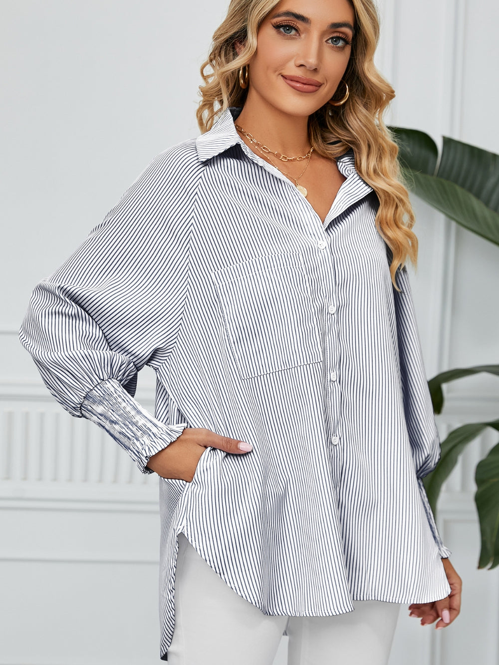 Striped Collared Neck Long Sleeve Shirt - felvior
