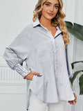 Striped Collared Neck Long Sleeve Shirt - felvior