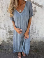 Full Size V-Neck Short Sleeve Midi Dress Plus Size