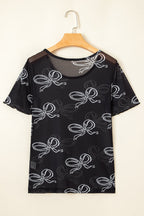 Bow Mesh Round Neck Short Sleeve T-Shirt