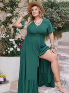 Plus Size Button Detail V-Neck Short Sleeve Maxi Dress