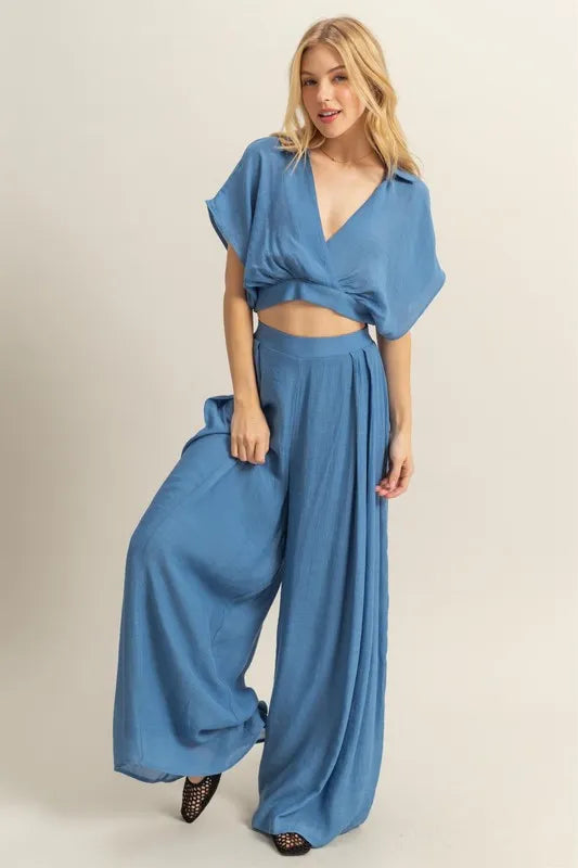 HYFVE Kimono Sleeve Crop Top and Wide Leg Pants Set - felvior
