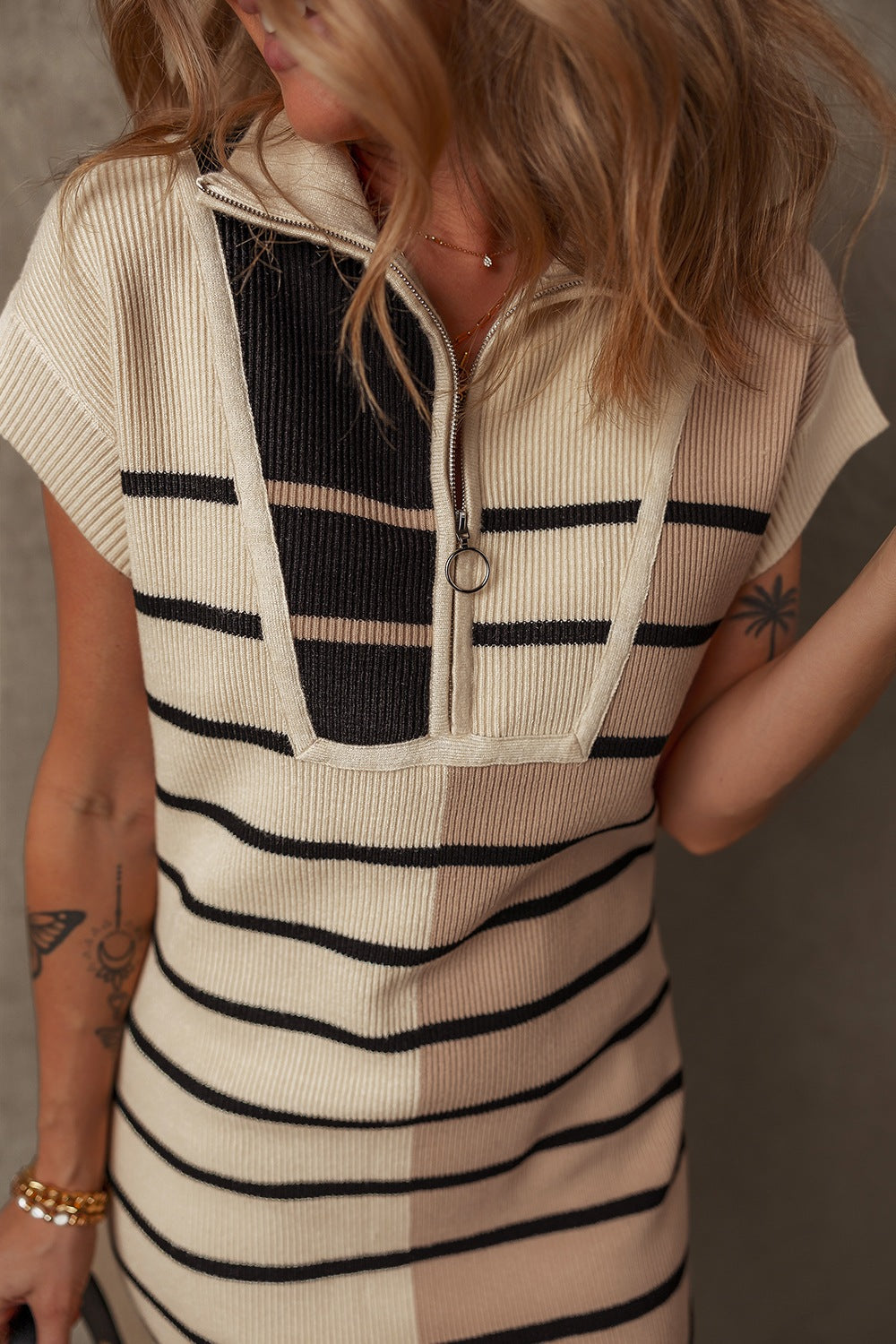 Striped Quarter Zip Cap Sleeve Sweater Dress - felvior