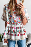 Floral Print Round Neck Ruffle Trim Blouse - felvior