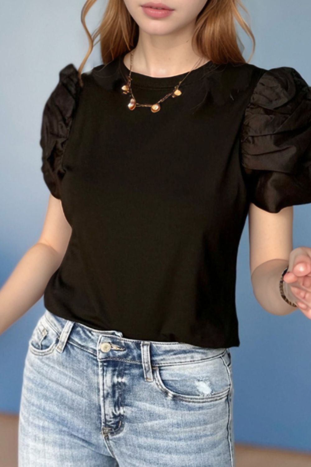 Ruched Puff Sleeve Crew Neck T-Shirt