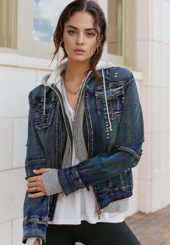 Fake Two-Piece Hooded Zip-Up Denim Jacket - felvior