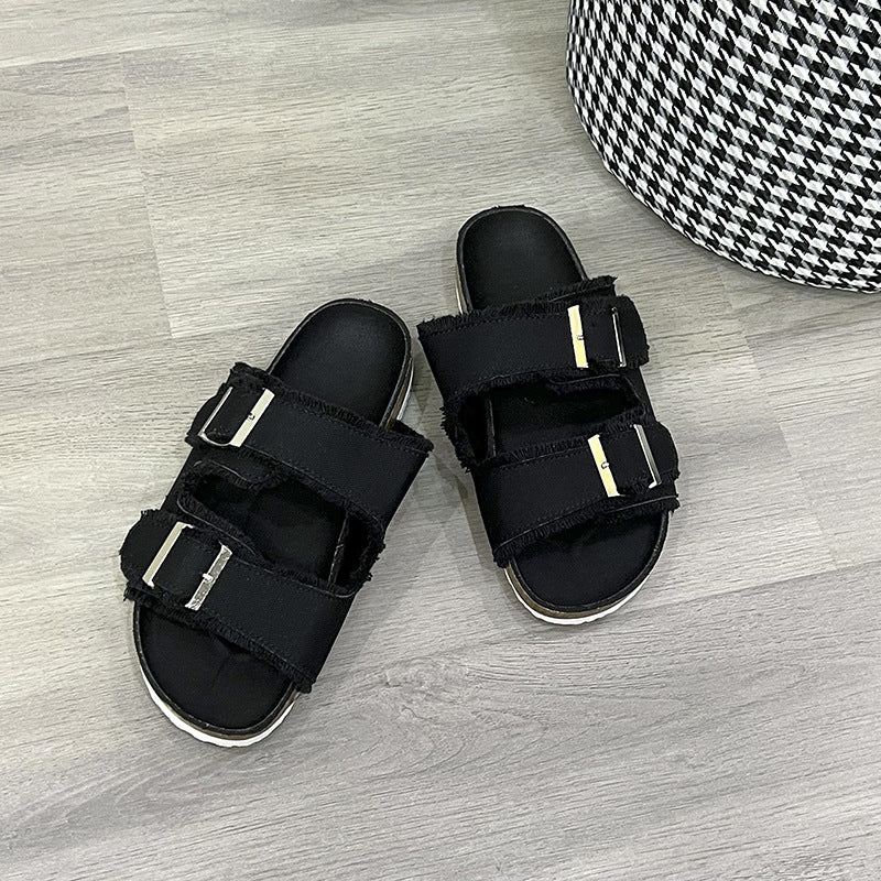 Raw Hem Open Toe Double Buckle Sandals