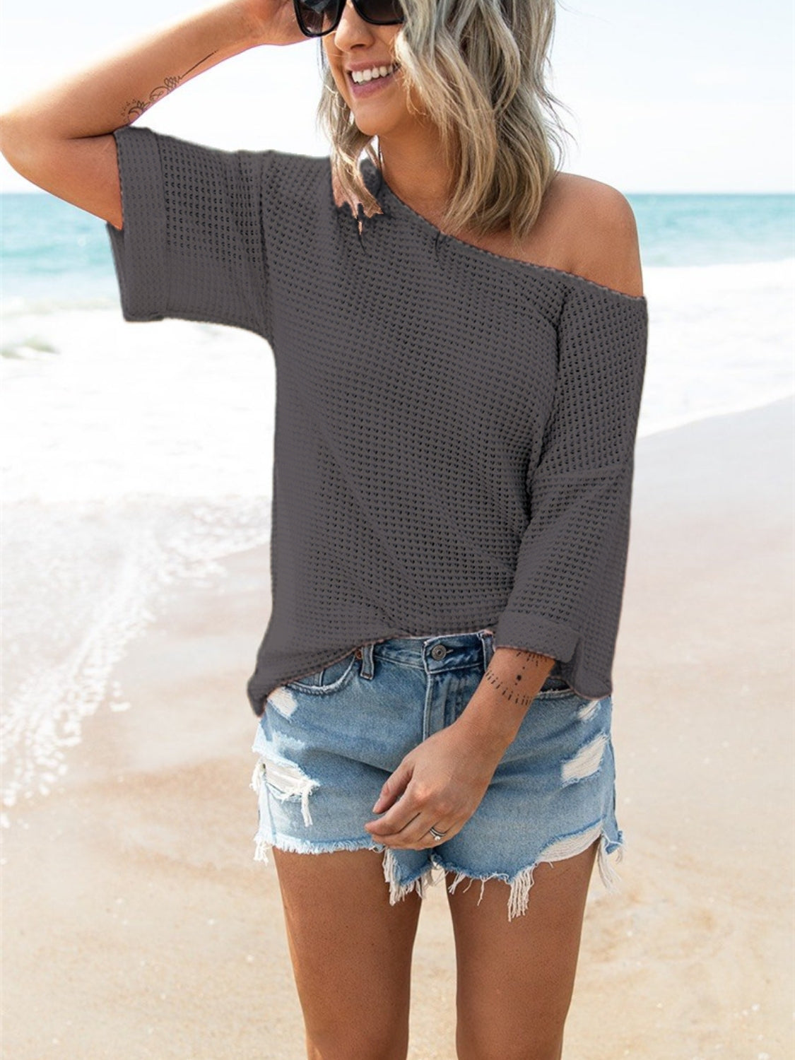 Waffle Knit Boat Neck Half Sleeve T-Shirt