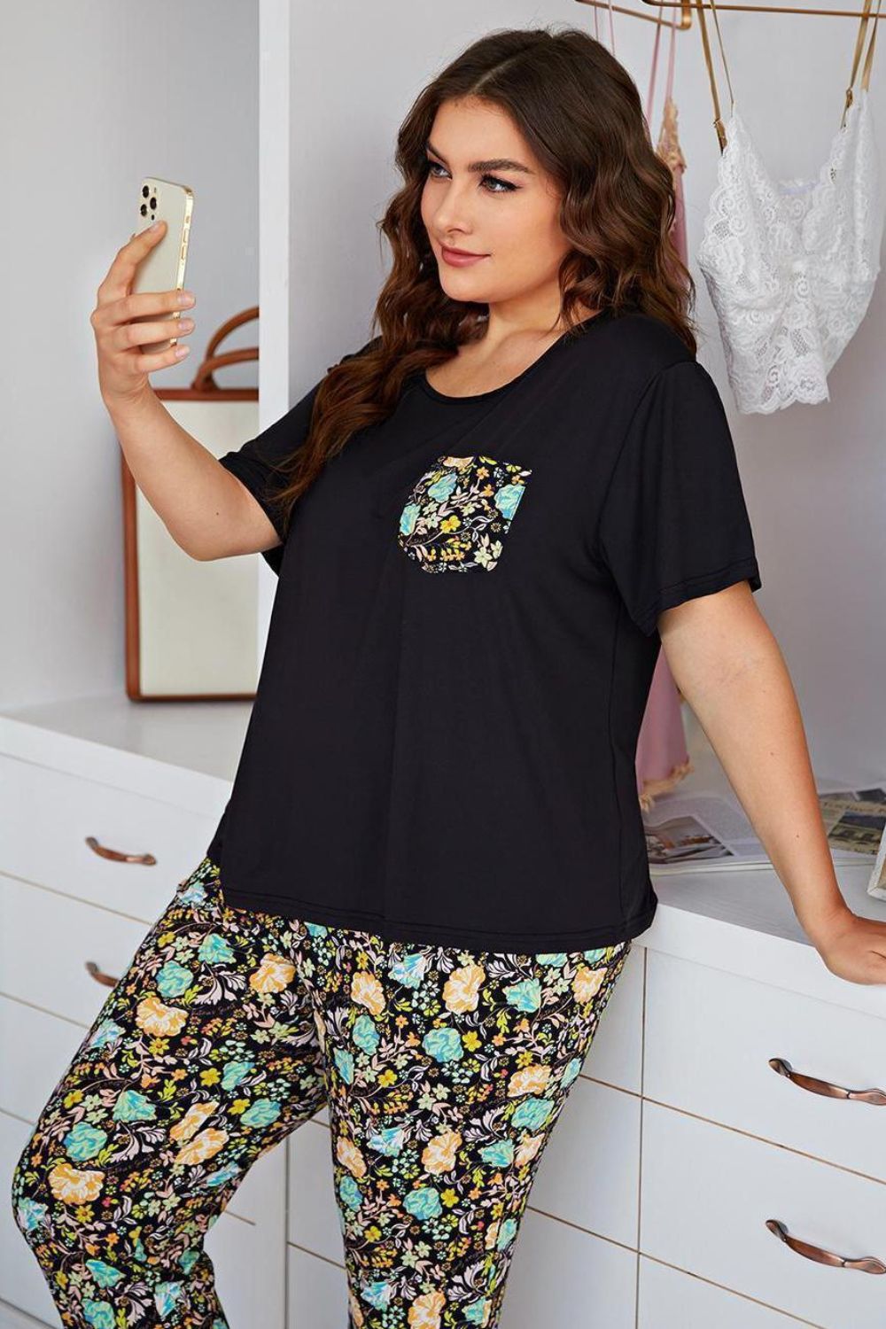 Plus Size Contrast Round Neck Tee and Floral Pants Lounge Set - felvior