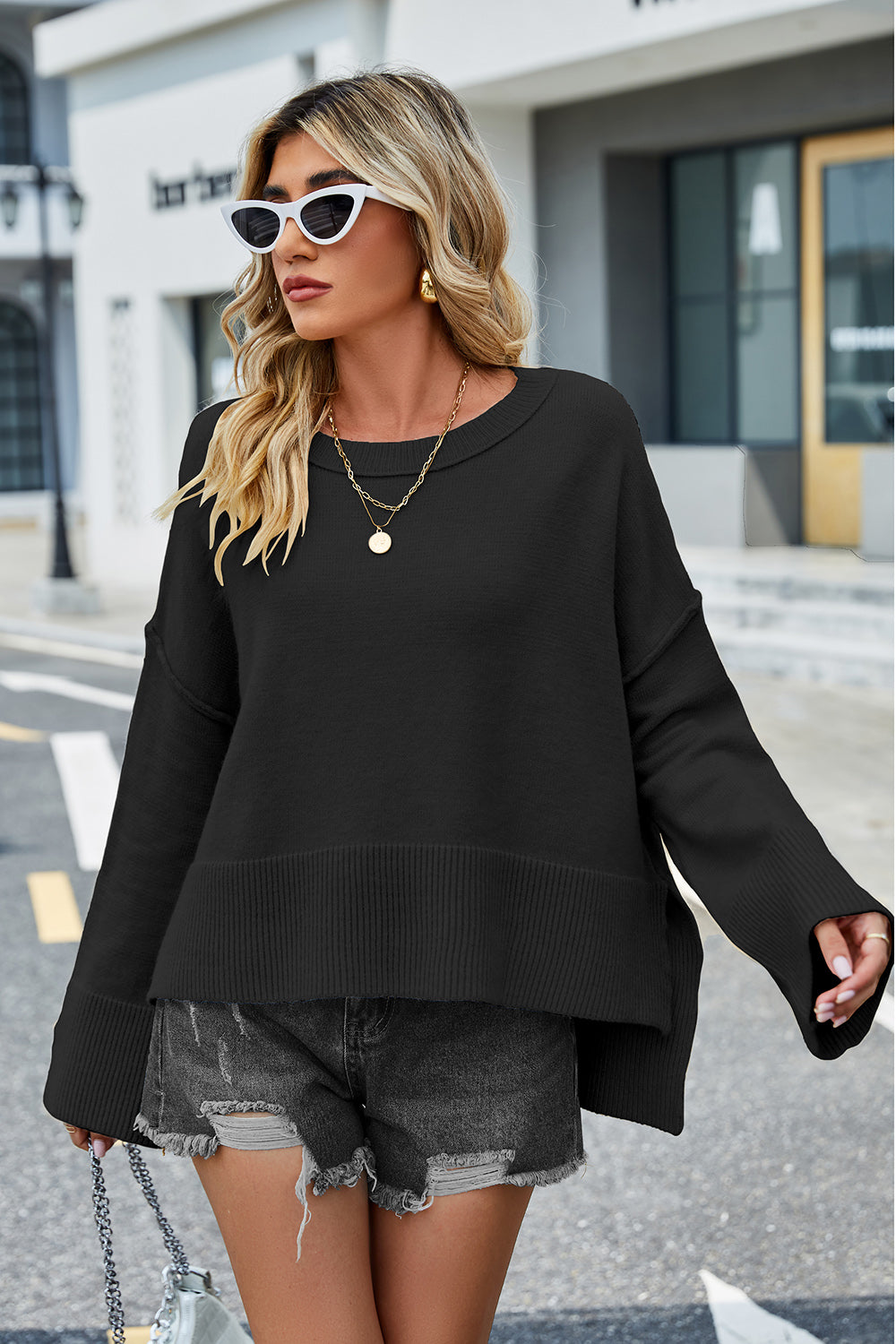 High-Low Slit Round Neck Long Sleeve Sweater - felvior