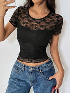 Lace Round Neck Short Sleeve Top