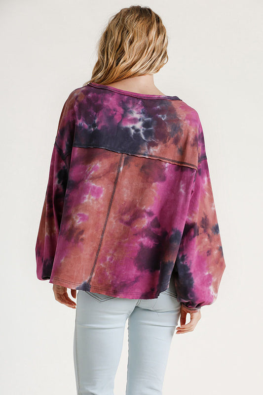 Umgee Full Size Tie Dye Round Neck Long Balloon Sleeve Top Plus Size - felvior