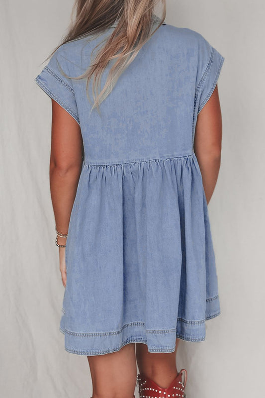Lapel Neck Cap Sleeve Denim Babydoll Dress - felvior