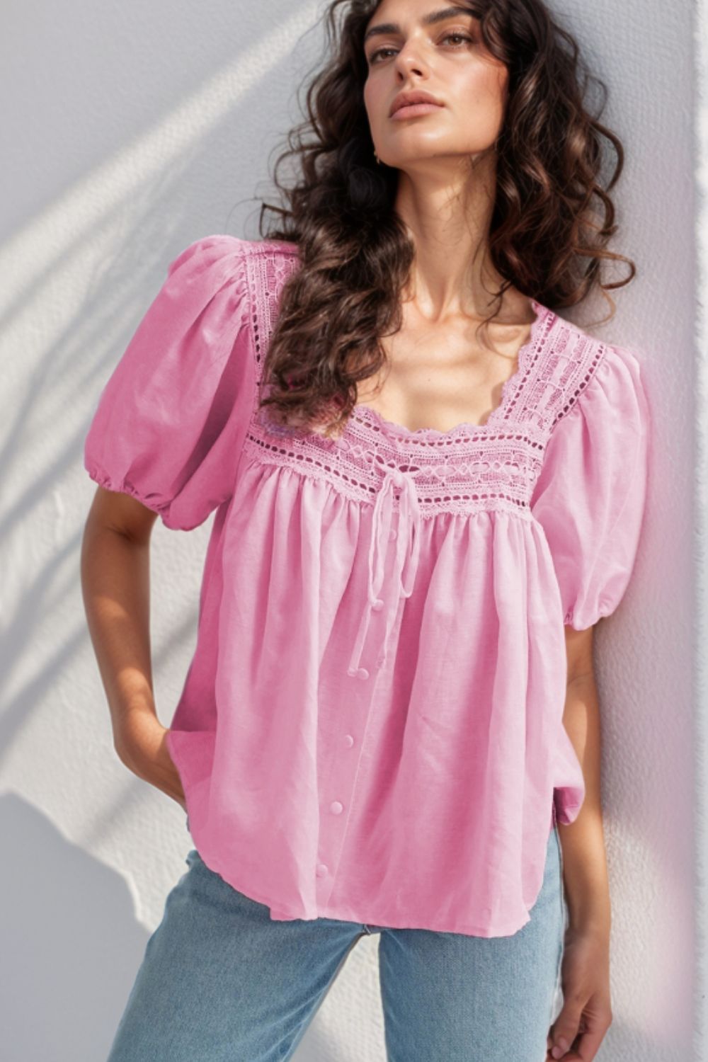 Lace Detail Square Neck Puff Sleeve Blouse